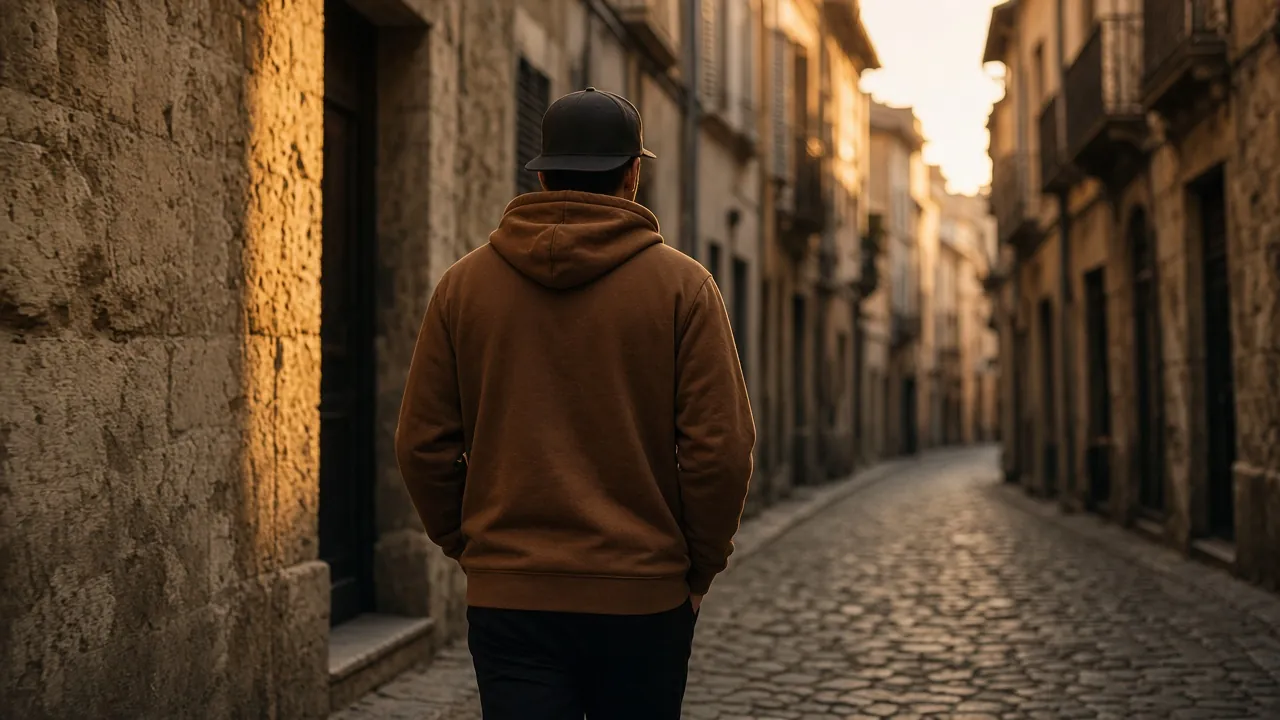 Model in Ahsan hoodie and cap walking an old stone street
