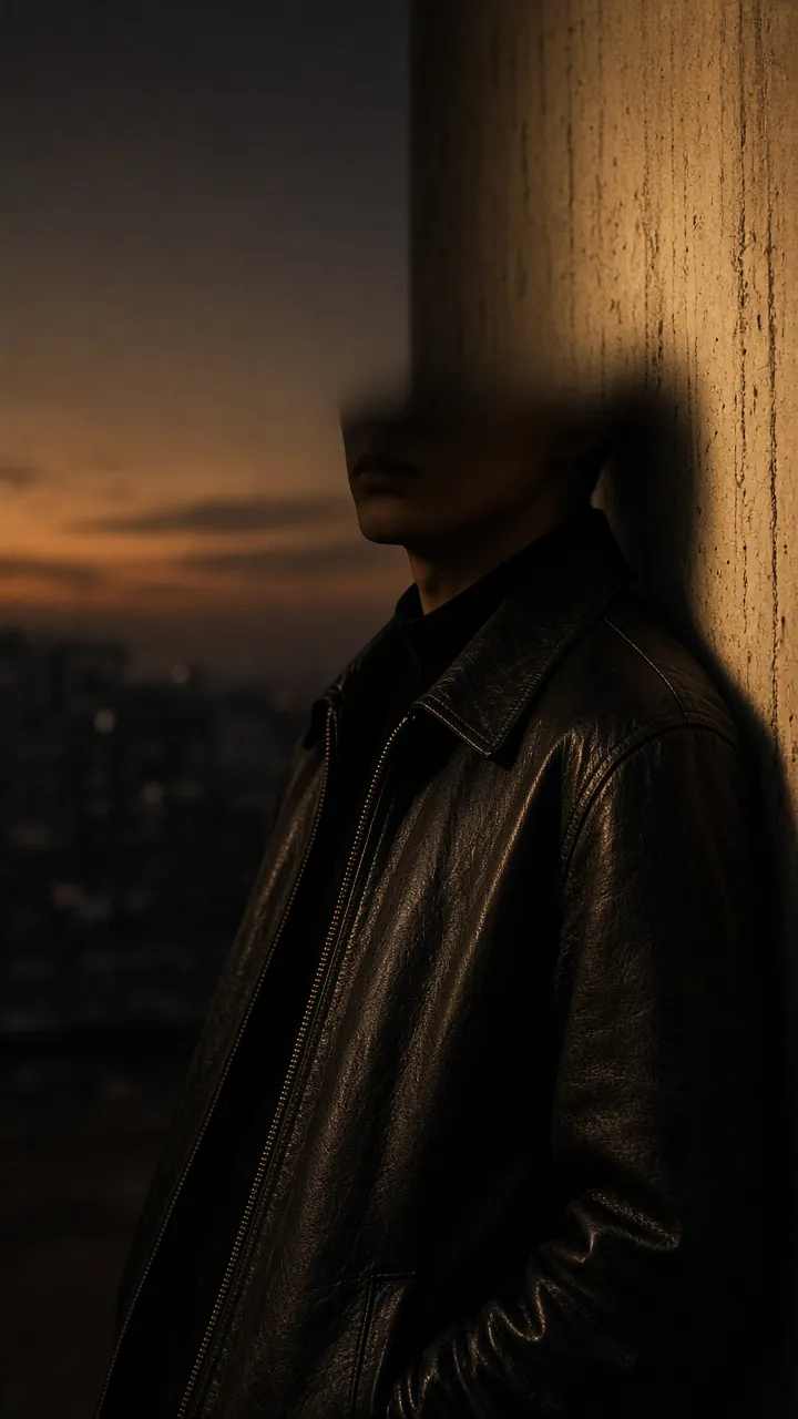 Model in Ahsan leather jacket at dusk